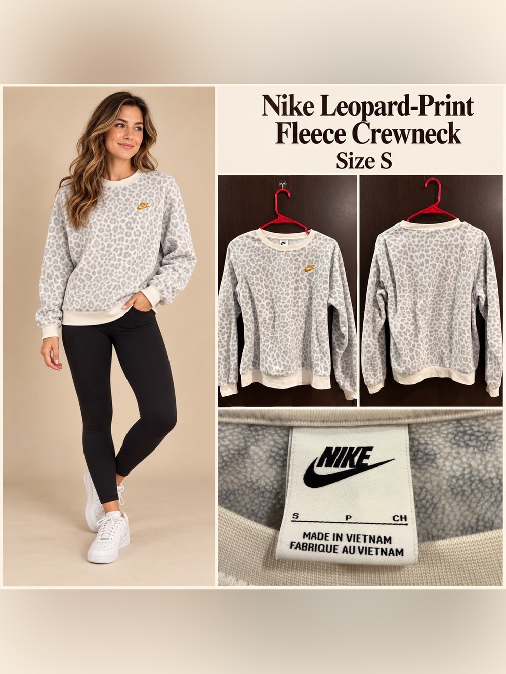 Nike Women's Light Gray Leopard-Print Fleece Crewneck with Gold Logo